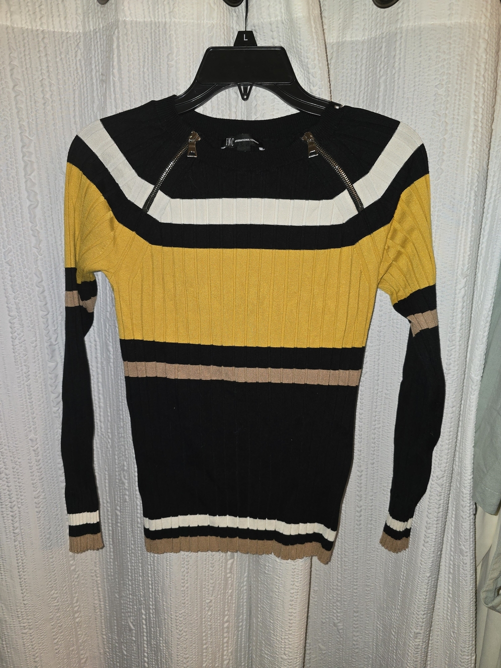 Striped Ribbed Sweater with Zipper Detail - Yellow & Black